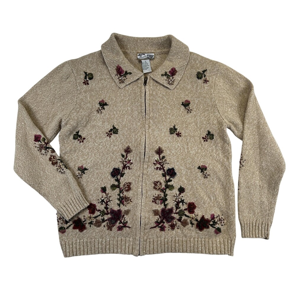 Vintage Heirloom Collectibles Cardigan Sweater Womens Small Beige Floral Beaded